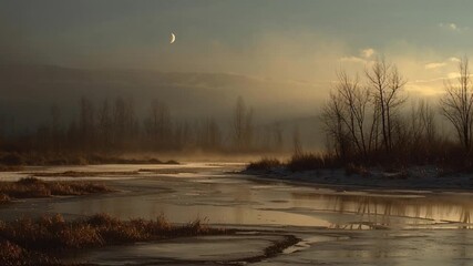 Fog Rolling Over Winter Marshland at Dawn with Crescent Moon - Powered by Adobe