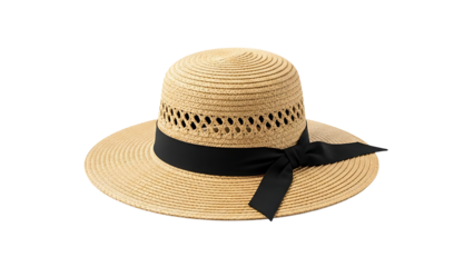 Straw sun hat with black ribbon isolated on transparent background