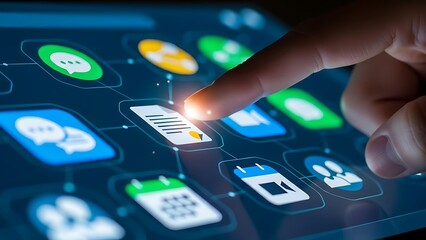 Touchscreen Interface: Close-Up of Finger Interacting with Colorful App Icons on a Digital Tablet Display