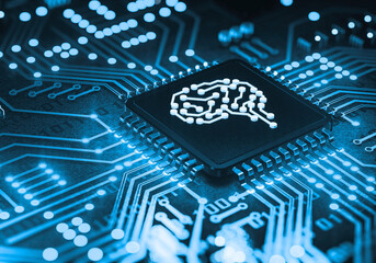 Human brain in chip background image. Electric circuit with human brain. 
