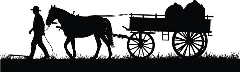 Fototapeta premium Horse, cart, transport, silhouette, posture, gesture, reins, sack, bundle, rural, person, walking, harness, wheel, field, vector, black, pose, setup, flavector