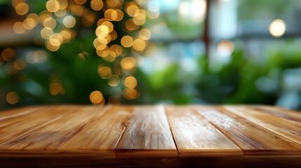 Rustic Wooden Table Surface with Golden Bokeh Lights