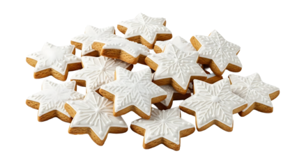 Pile of star shaped christmas cookie with white icing isolated on transparent background