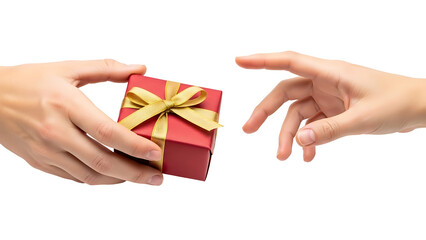 Two hands exchanging a small red gift box with gold ribbon isolated on transparent background