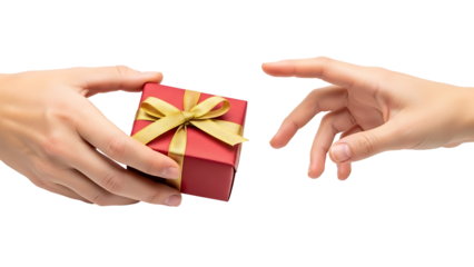 Two hands exchanging a small red gift box with gold ribbon isolated on transparent background