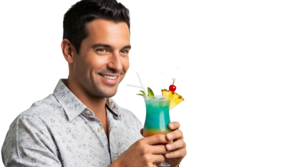 Smiling man holding tropical blue cocktail drink isolated on transparent background