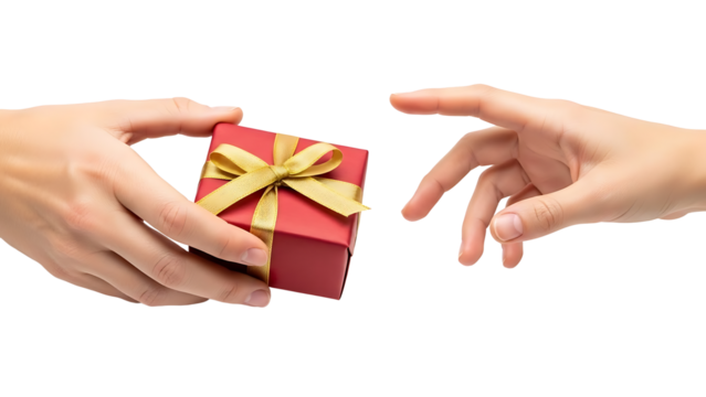 Two hands exchanging a small red gift box with gold ribbon isolated on transparent background - Powered by Adobe