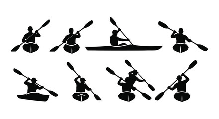 Silhouette illustrations of kayakers and canoes in various paddling positions