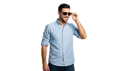 Smiling man in blue shirt adjusting dark sunglasses isolated on transparent background