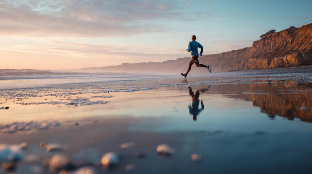 runner on beach at sunrise, coastal morning fitness lifestyle, silhouette athlete running by the ocean
