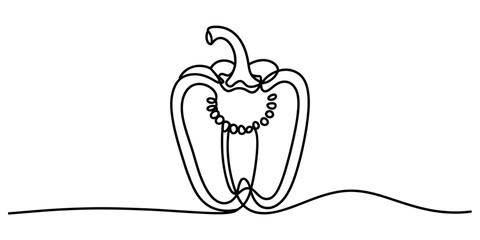 Single continuous line art drawing of a fresh bell pepper, cut in half to reveal its interior and seeds, a simple minimalist design element. Vector, illustration