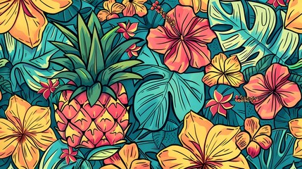 Vibrant tropical floral and fruit pattern with a rich color palette. Exotic Summer Background.