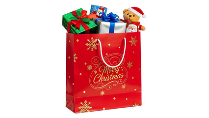 Red christmas gift bag filled with presents and teddy bear isolated on transparent background