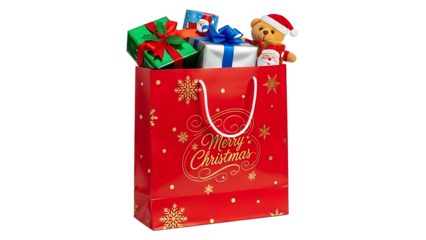 Red christmas gift bag filled with presents and teddy bear isolated on transparent background
