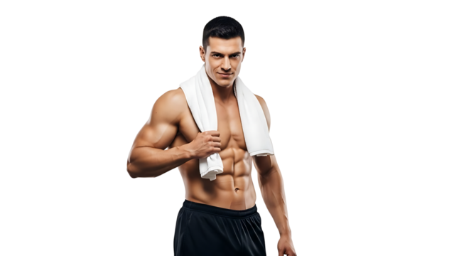 Muscular man with towel around neck isolated on transparent background