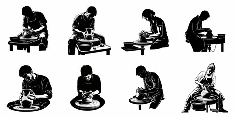 Collection of black and white silhouettes showing diverse men and women potters shaping clay on a spinning wheel, illustrating the ancient craft of ceramics.