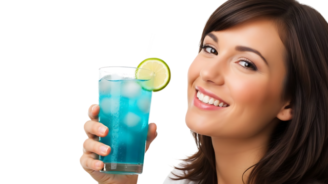 Smiling woman holding a refreshing blue cocktail with lime isolated on transparent background - Powered by Adobe