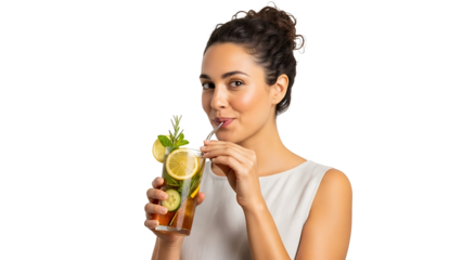 Young woman drinking iced tea with lemon and mint isolated on transparent background