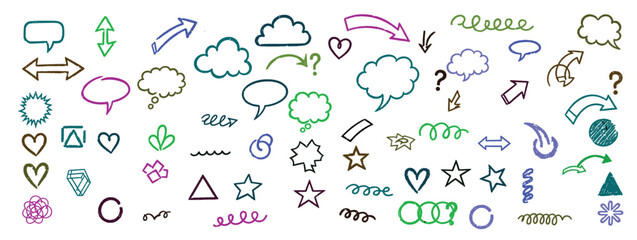 Set of colorful doodle elements with arrows, speech bubbles, clouds, stars, hearts, abstract shapes, and other graphical items on a transparent backdrop.