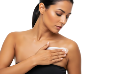 Woman applying body lotion or cream to her shoulder isolated on transparent background