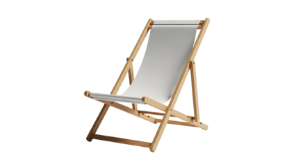 Wooden deck chair with white canvas isolated on transparent background
