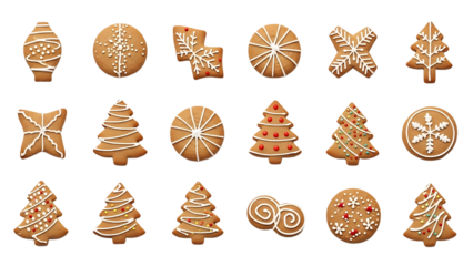 Collection of various decorated gingerbread cookies isolated on transparent background