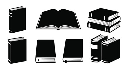 A collection of black and white book icons in various orientations