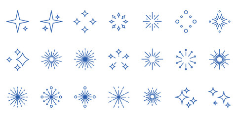 Collection of decorative festive twinkle lights and stars in outline vector illustration, blue sparkle glitter isolated on transparent background.