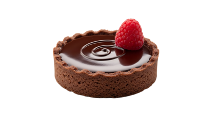 Delicious chocolate tart topped with fresh raspberry. The dessert looks sweet and tempting