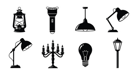 A collection of various light sources in a black and white style