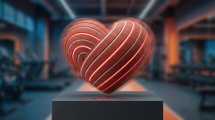 ultra photorealistic product photo of pulsating heart shaped as gym treadmill on graphite gray gym background