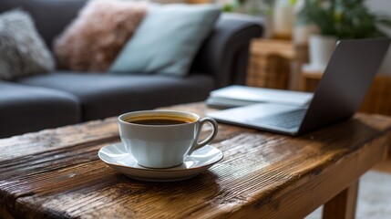 A cozy living room coffee table with a cup of coffee and a laptop, perfect for a relaxing afternoon.