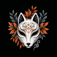 Vector illustration of a mythological Japanese Kitsune fox mask, a traditional spirit head surrounded by ornate foliage