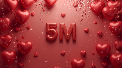 5 million follower celebration with red heart balloons and confetti. A 3D rendering that signifies social media success and engagement