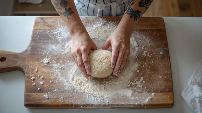 A close-up shot of a person kneading dough on a wooden cutting board