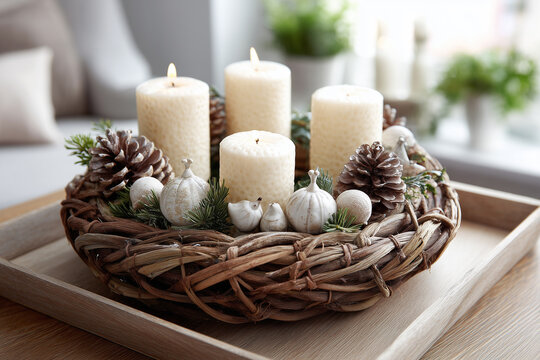 Adventsarrangement mit wei&szlig;en Stumpenkerzen und winterlicher Naturdeko am Fenster