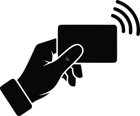 Black and White Vector Icon of Hand Holding Contactless Card Representing Wireless Payment and Modern Transactions
