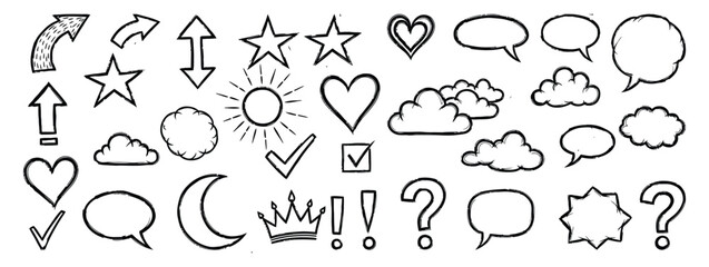Set of hand-drawn elements of arrows, stars, clouds, moon, crown, check marks, heart, question mark, speech bubbles on a transparent background.