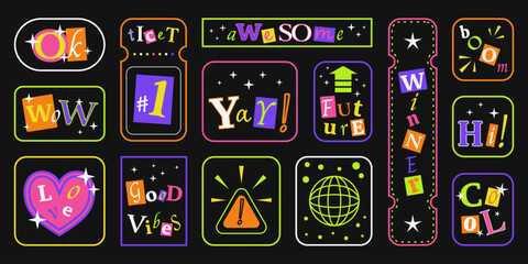 A bold Y2K style sticker set with neon frames, playful cutout letters, dynamic 2000s shapes, and fun retro vibes. Vector design elements.