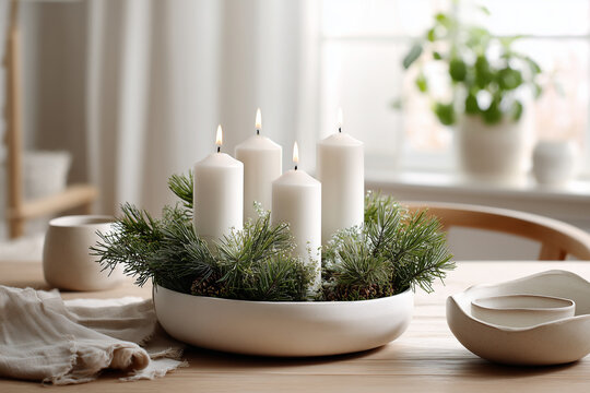Adventsarrangement mit wei&szlig;en Stumpenkerzen und winterlicher Naturdeko am Fenster