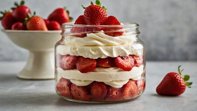 Close-up of a dessert jar filled with strawberry cake layers, vibrant red berries, and creamy frosting, topped with a whole strawberry.