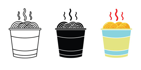 Three Instant Ramen Noodle Cup icons showing outline, silhouette, and color variations with steam