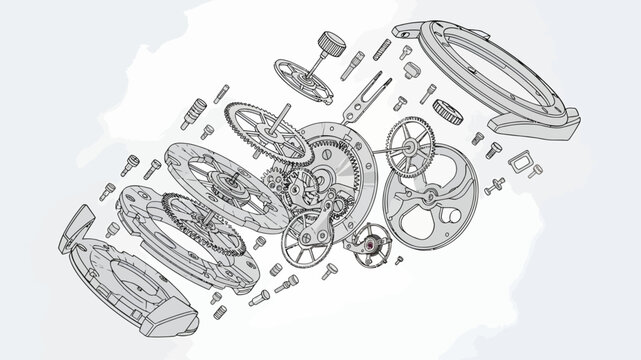 Exploded view of a mechanical watch showing gears, springs, balance wheel, case and screws in precise engineering vector style.