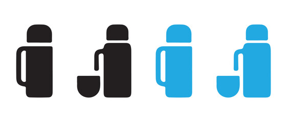 Thermos bottle and cup icon set. travel, hot drinks, outdoor.
