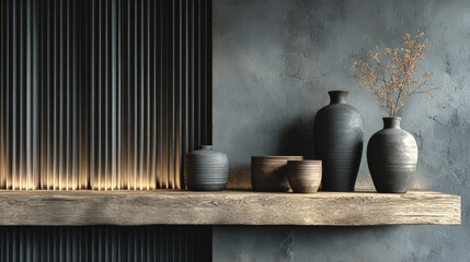 Charcoal Minimalism: Monochromatic Wooden Slat Wall with Floating Shelf and Deep Dramatic Shadows