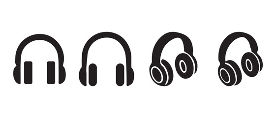 Modern black headphone audio music sound vector icon set design.