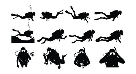 Silhouettes of scuba divers swimming and exploring underwater life