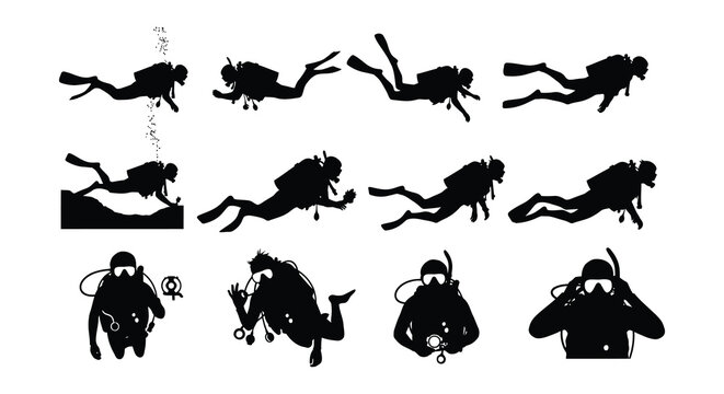 Silhouettes of scuba divers swimming and exploring underwater life