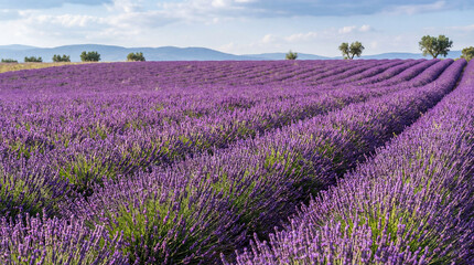 Fototapeta premium Field of Flowering Lavender with Blue Sky and White Clouds