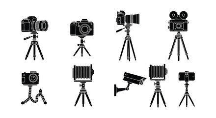Collection of vintage and modern camera silhouettes with various tripods